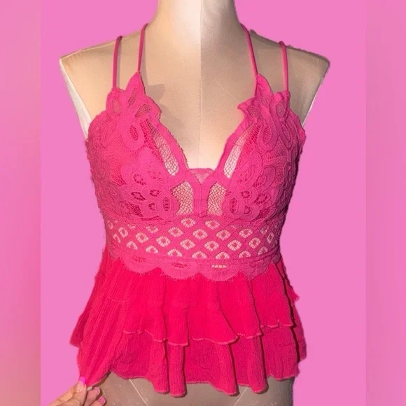 Adorable Y2K Summery Hot Pink Lace Babydoll Cami Top - Picture 2 of 6